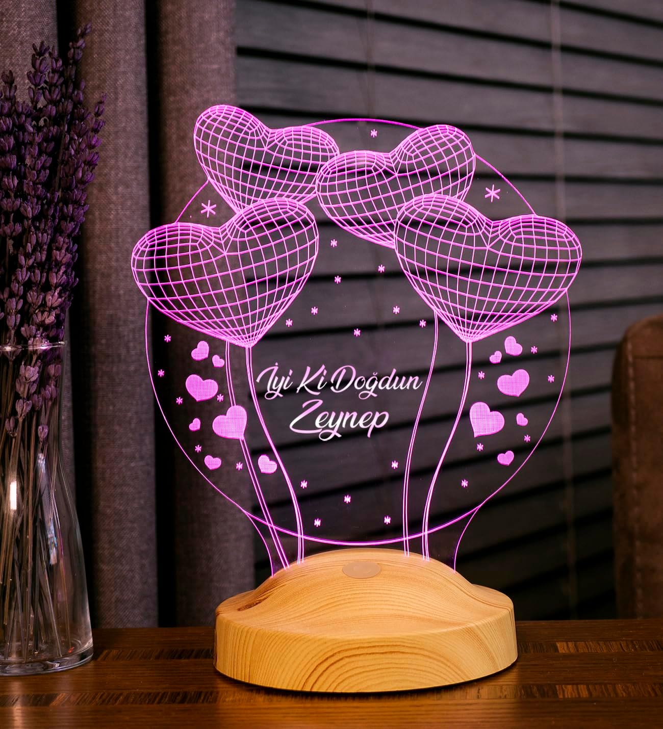 Doğum Günü Hediyesi, Sevgiliye, Arkadaşa Doğum Günü Hediyesi, Balon Kalpler Kişiye Özel 3D Led Lamba