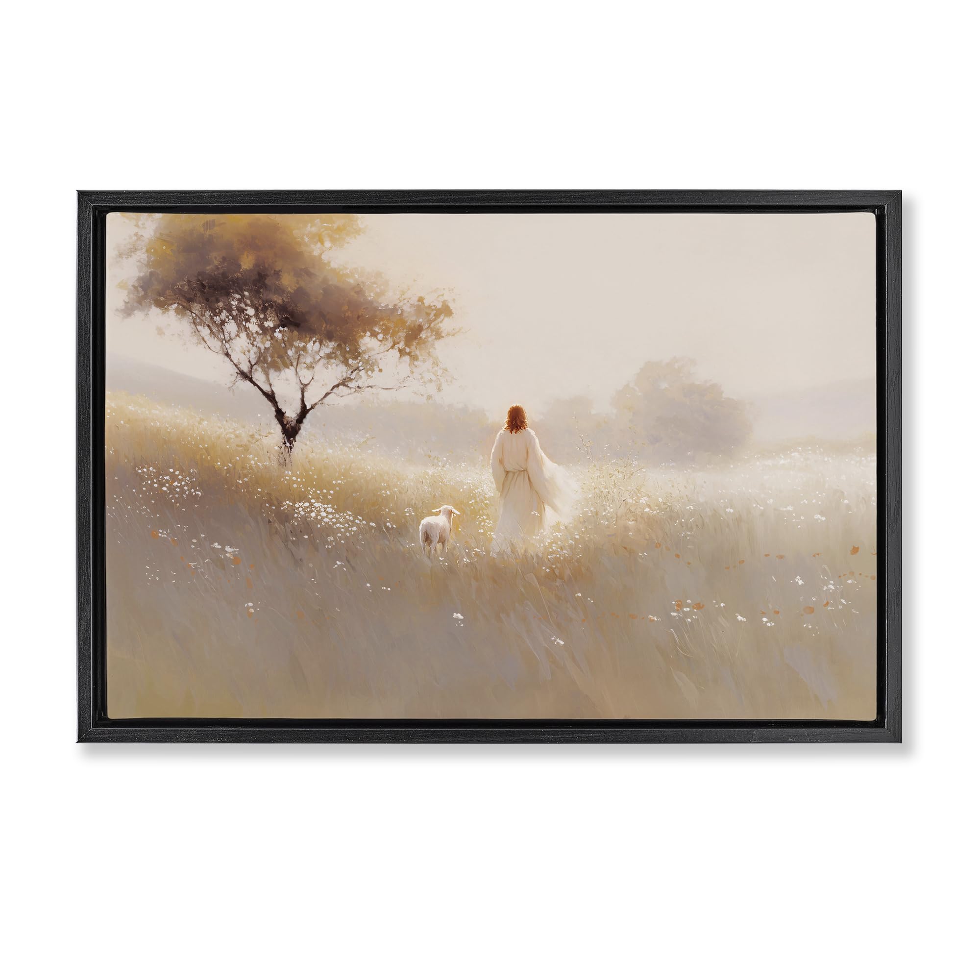 Stupell Industries 'Spiritual Shepherd & Lamb', Floating Frame Canvas Art, Black, 31 x 21 Inches, Easy to Hang and Sturdy, Made in USA, by Jacky Ngan