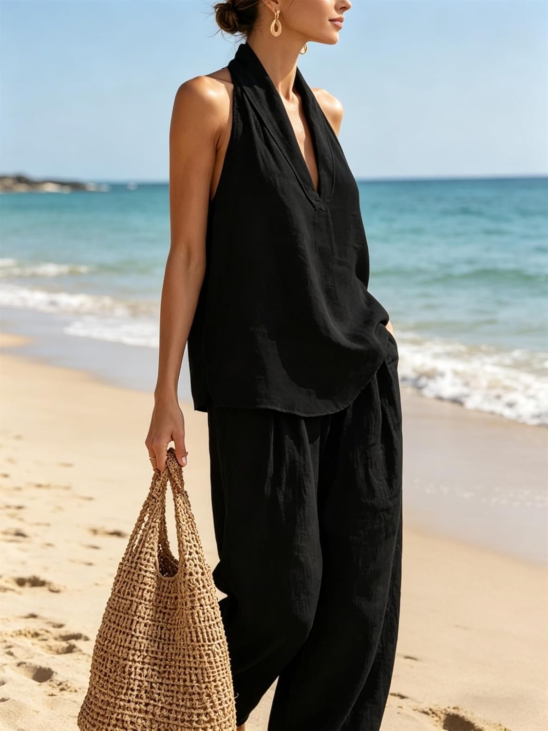 Women's Casual and Cozy Linen Two-Piece Set Sleeveless V Neck Top Wide Leg Pants Loose Fit Outfits for Travel