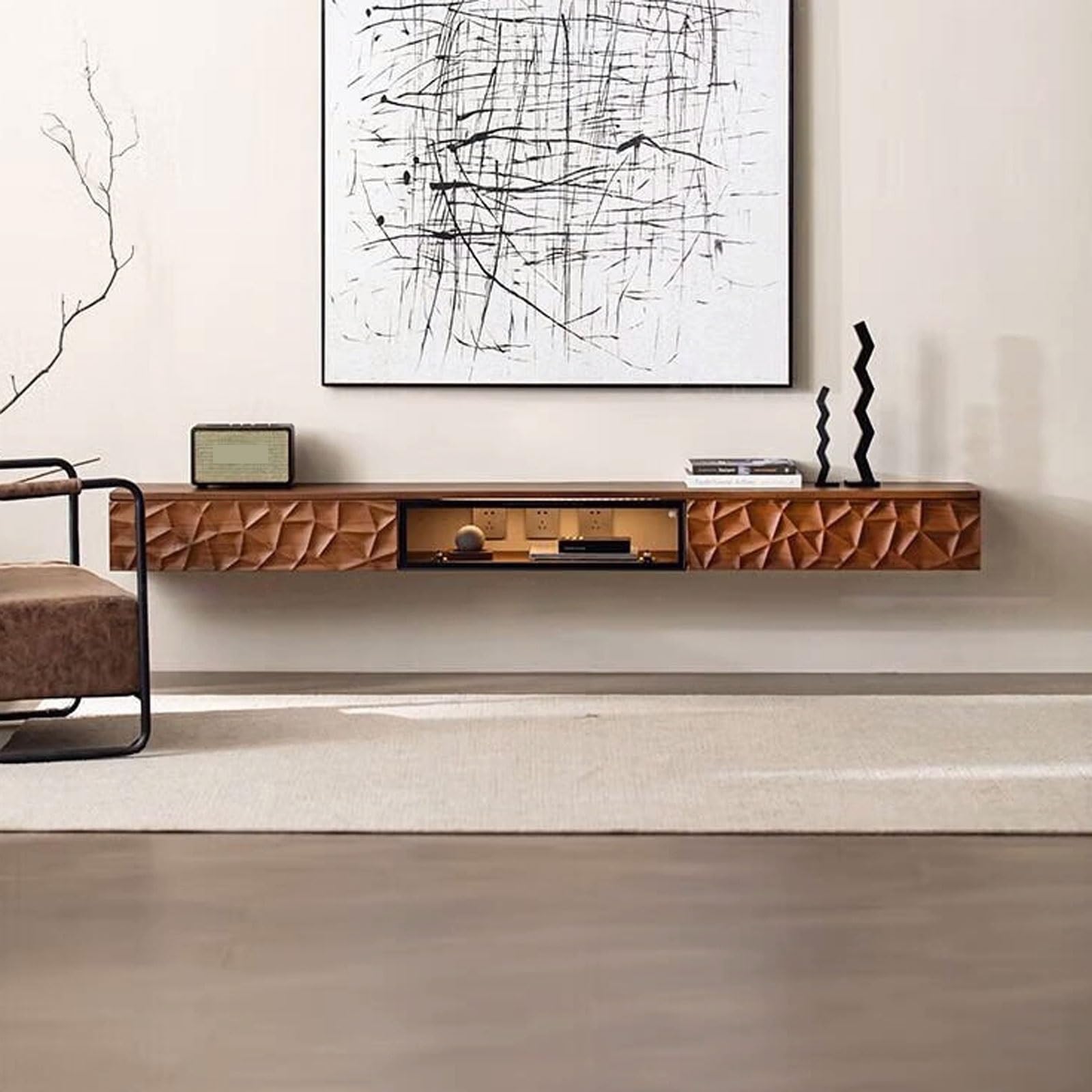 Moderne Wandhalterung, schwimmende TV-Konsole, schwarzes Walnussholz, schwimmendes TV-Regal, 70 Zoll / 78 Zoll, Entertainment-Media-Regal, TV-Wandeinheit mit 2 Schubladen und 1 Tür, für Schlafzimmer,