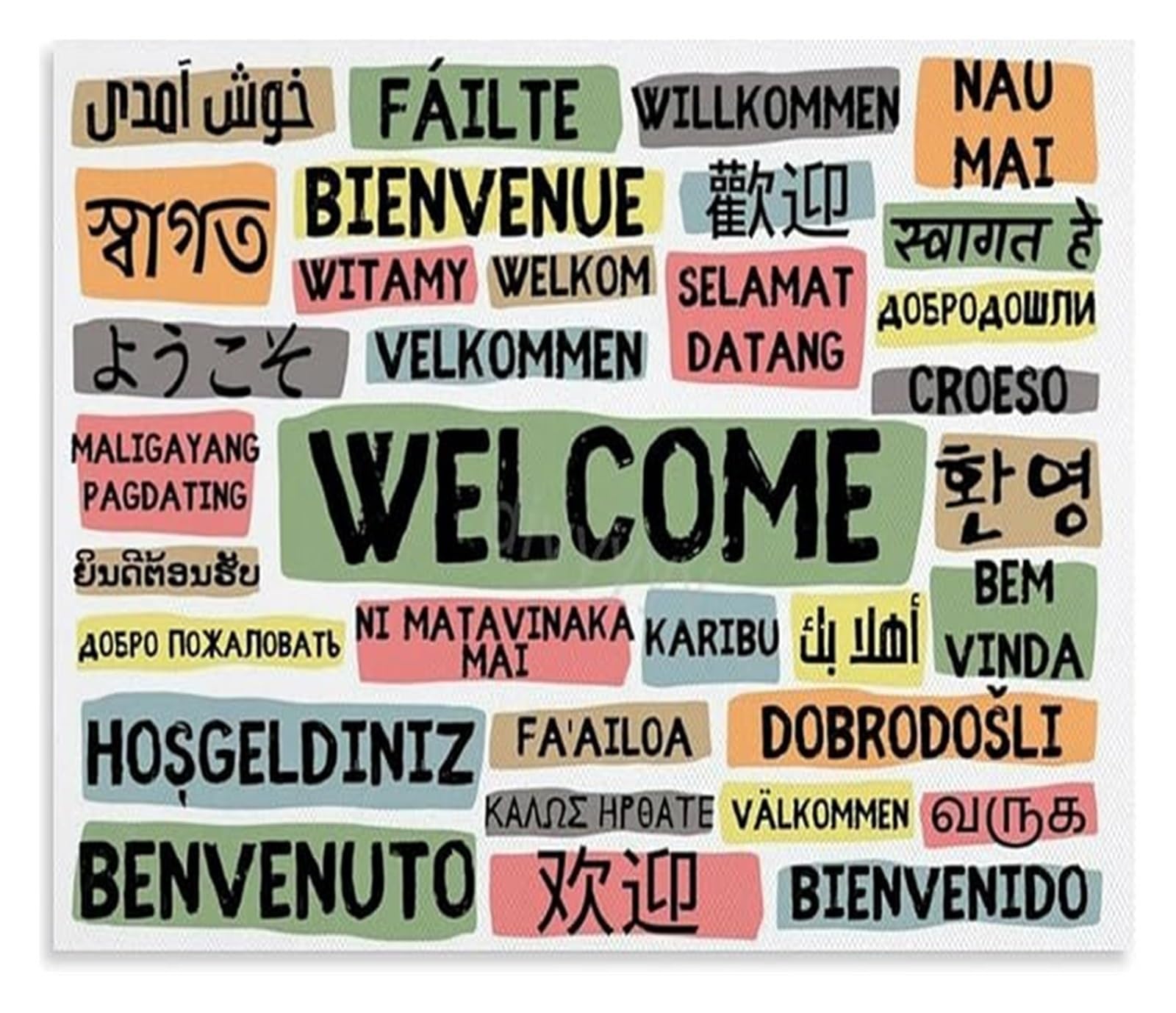 Educational Multilingual Welcome Poster in Different Languages Canvas Wall-Art for Living Room or Entryway(Unframed,08x12inch(20x30cm))