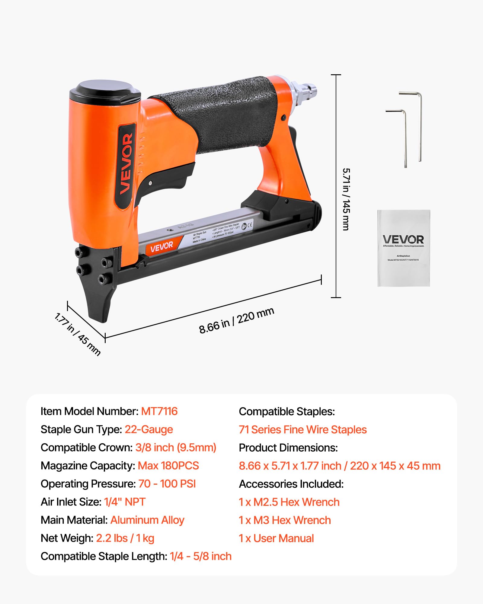 VEVOR Agrafeuse Pneumatique, Calibre 22, Compatible avec Agrafes Fil Fin Série 71 Non Incluses de Largeur Couronne 9,5 mm de Longueur 6-16 mm, Capacité 180 PCS, pour Tapisserie, Menuiserie, Bricolage