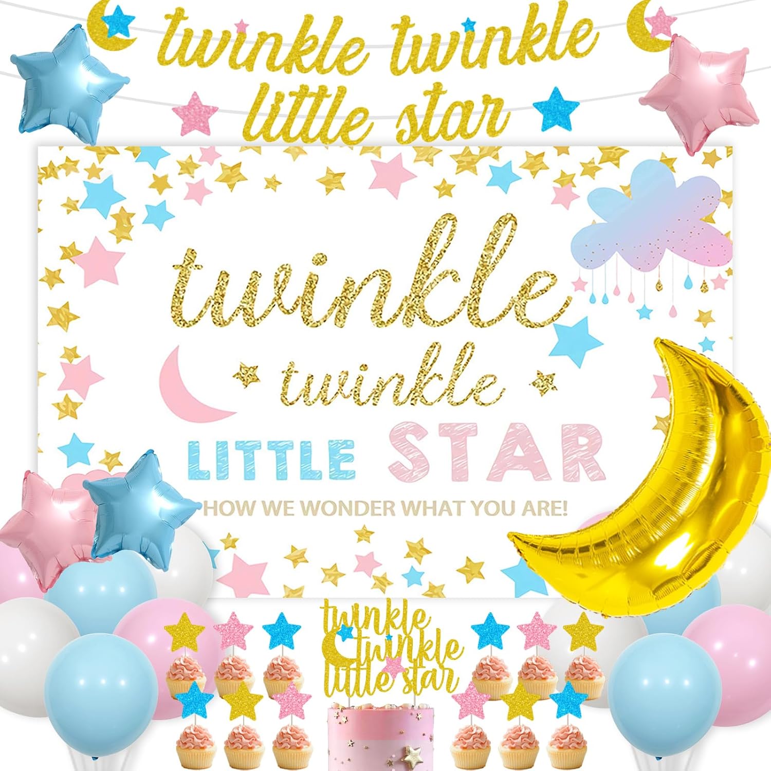 Twinkle Twinkle Little Star Baby Shower Decorations Pink and Blue, Twinkle Twinkle Little Star Banner Backdrop Cake Topper, Moon Star Balloons for Boy Girl He or She Gender Reveal Party Supplies