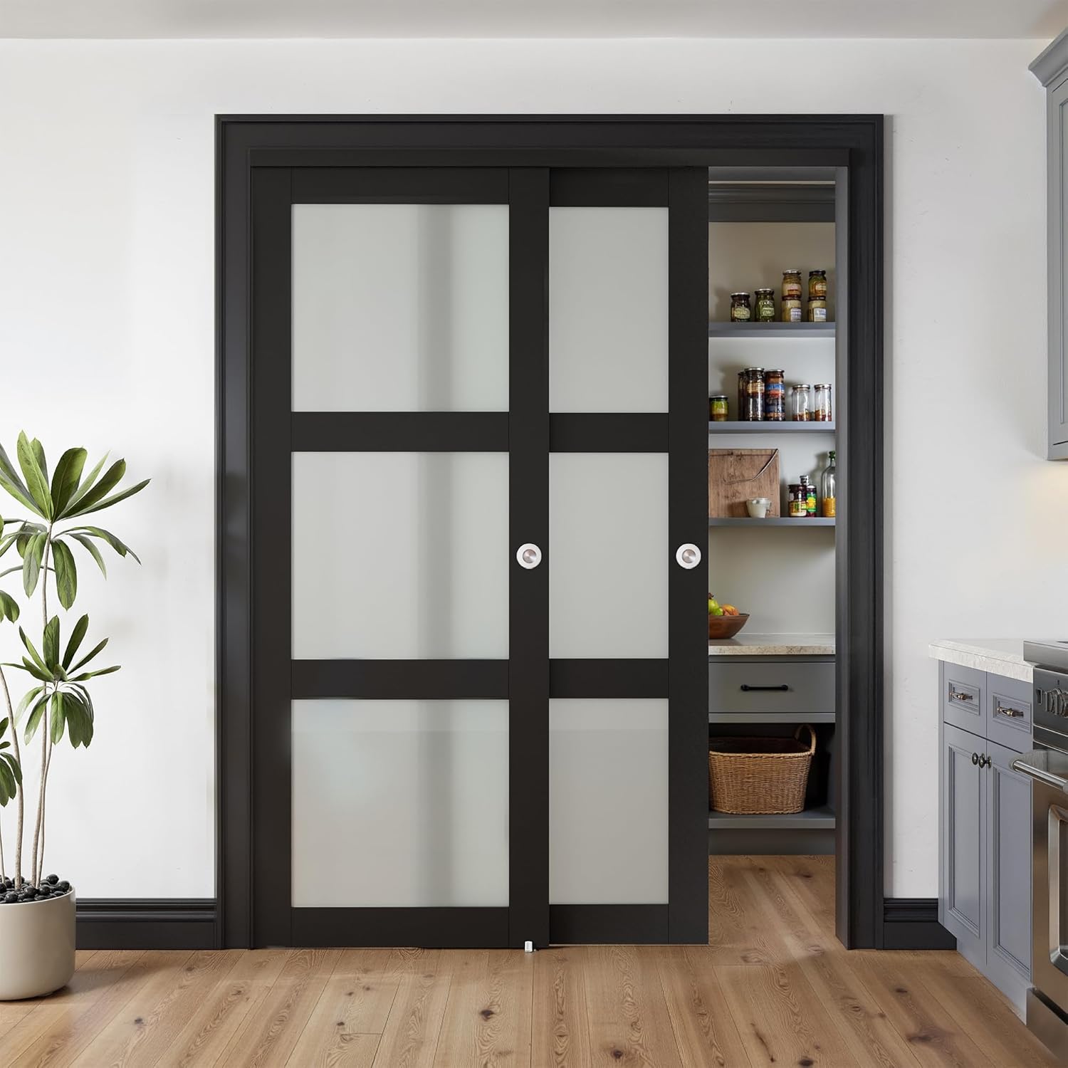 Sliding Closet Door for 72" x 80" Opening, 3-Lite Frosted Glass MDF Barn Door with Hardware Kit Set, Door Panels Need to Assemble, Black