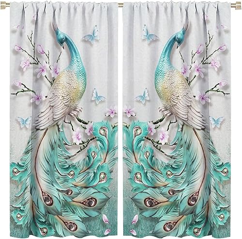 Miniatura 12 de Cortina opaca con estampado de pavo real, con estampado de animales retro, con bolsillo para cortinero y flores de peonía doradas, para dormitorio,