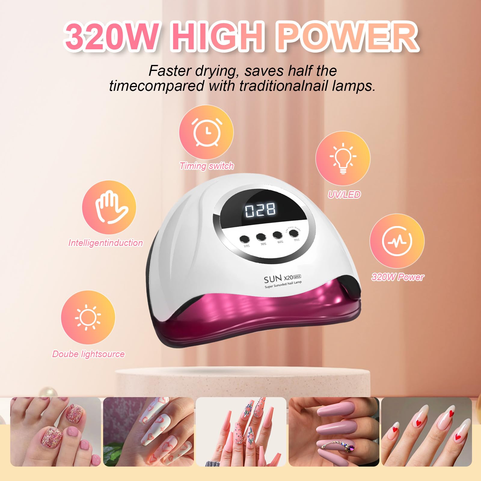 Lampada per unghie UV LED da 320 W, lampada professionale per unghie in gel con 72 perline, lampada UV per unghie con 4 impostazioni timer, asciugatrice LED per unghie in gel con sensore automatico