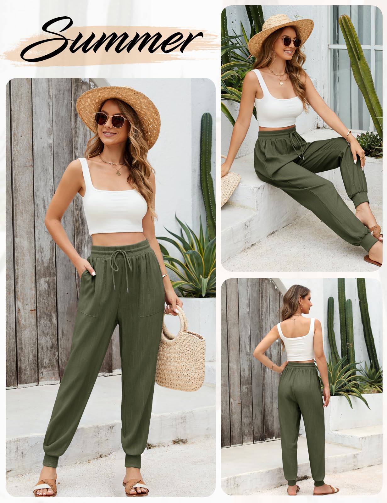 Yuson Pantalones Mujer Verano Lino Palazzo Cintura Alta Rectos Cómodos Bolsillos Cordón