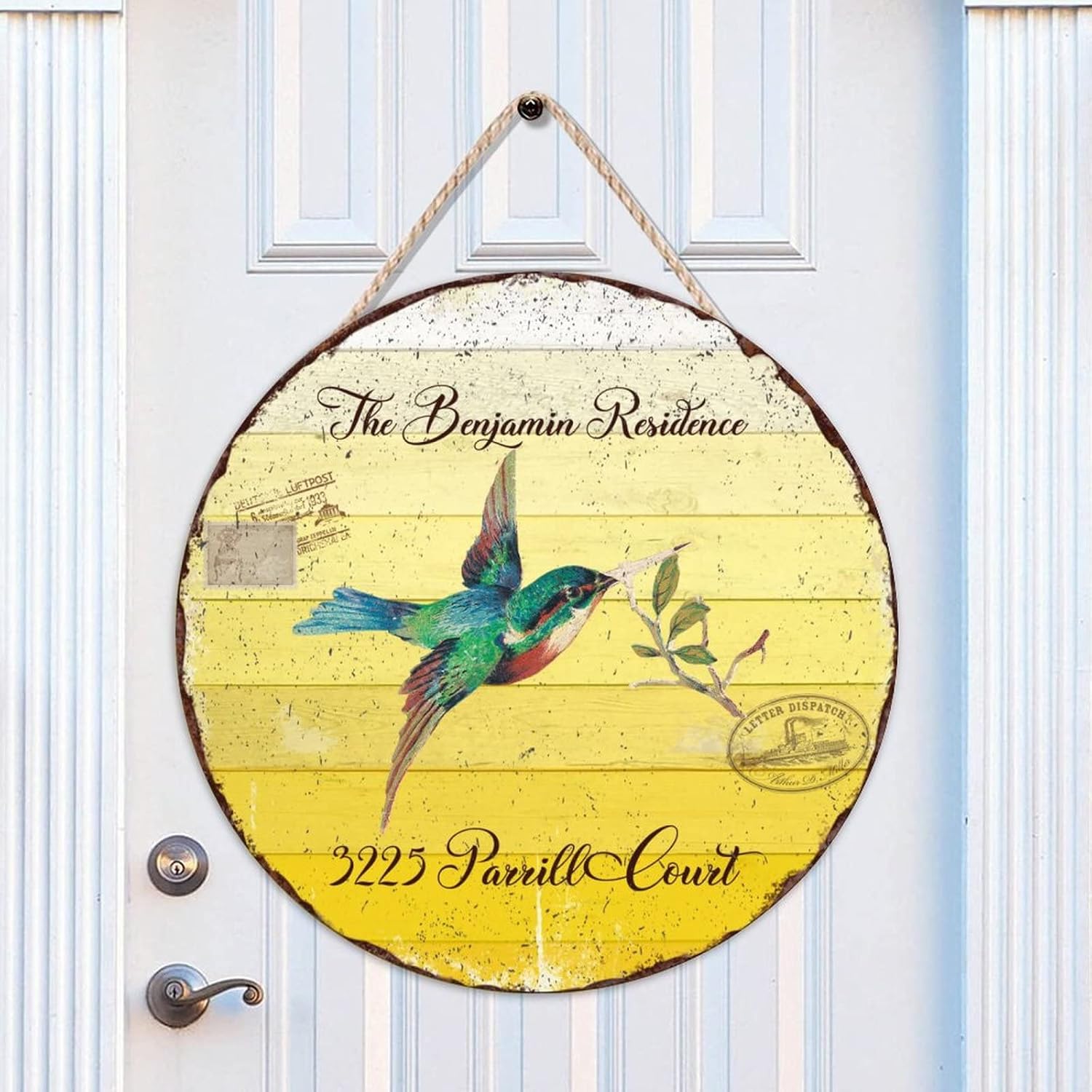 Custom Name Home Address Hummingbird Wood Door Sign Retro Funny Front Door Round Wood Sign 18" x18" Hummingbird Wall Door Hanging Sign Rustic Farmhouse Front Porch Decor Housewarming Gifts