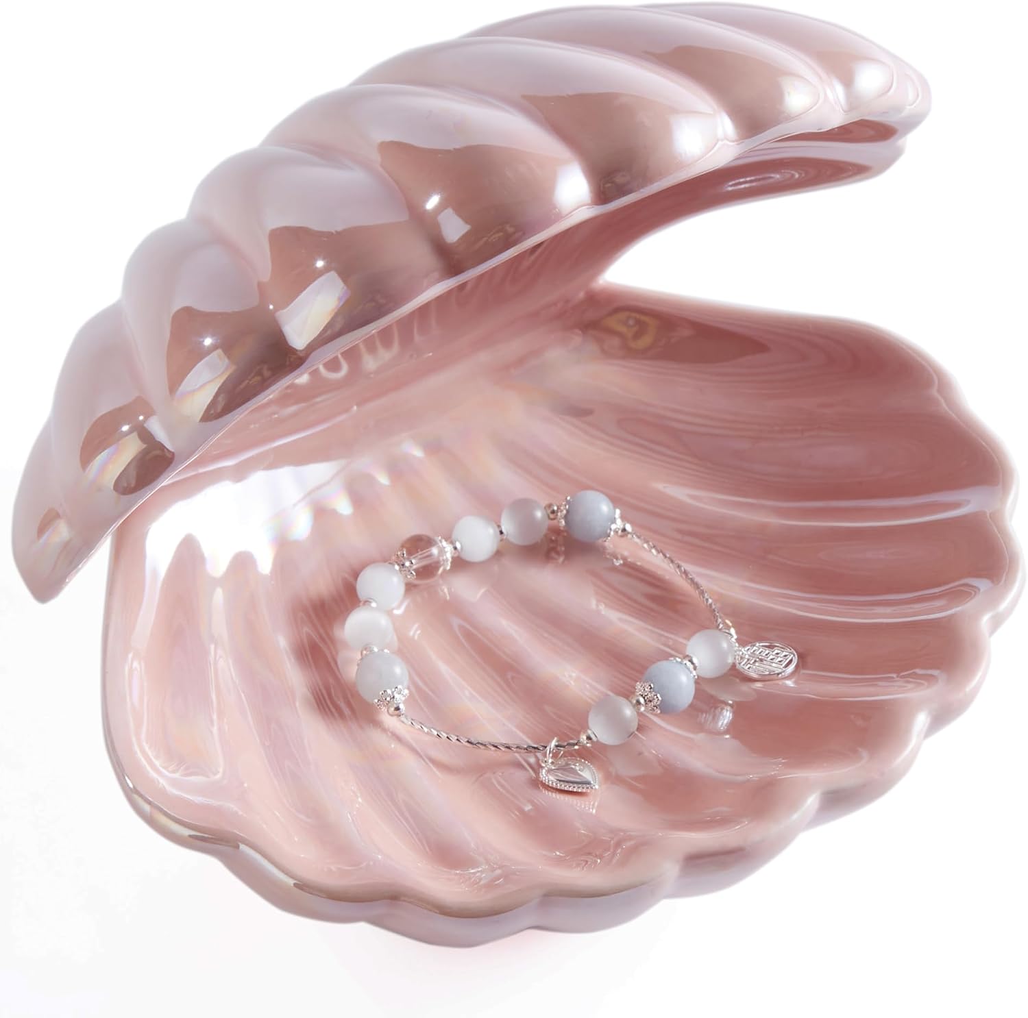 Denique Shell Jewelry Dish Tray, Ceramic Trinket Tray Clamshell Jewelry Storage Dish, Ring Holder Dish Key Bowl, Decorative Jewelry Plate, Cute Jewelry Organizer for Room Decor (Pink)