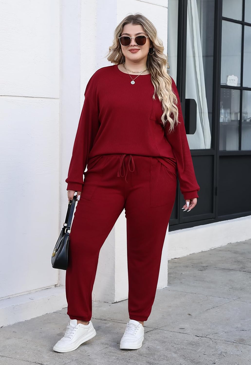 Nemidor Womens Plus Size 2 Piece Fall Matching Lounge Sets Tracksuits Casual Ribbed Knit Long Sleeve Outfits with Pocket - Image 6