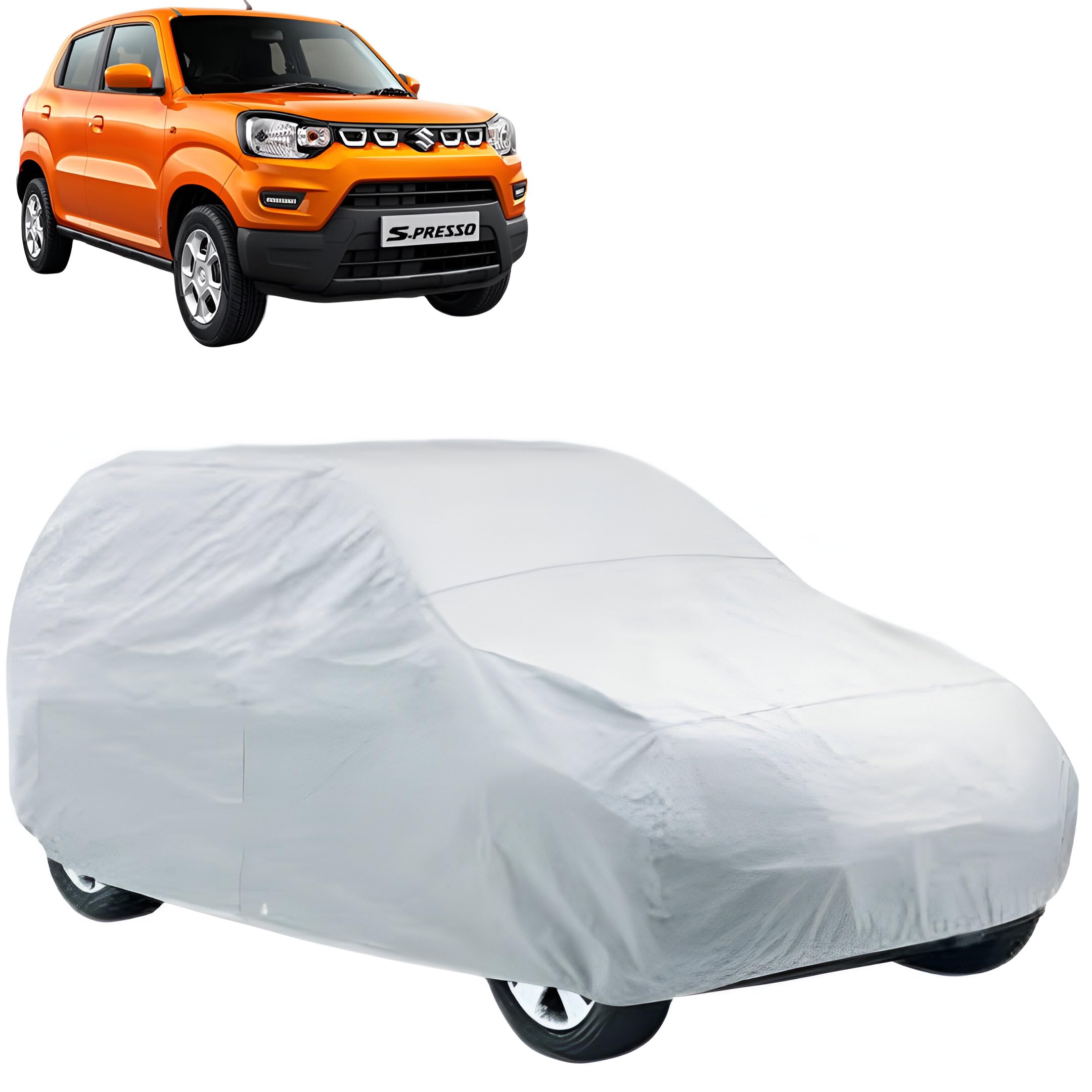 CARNEST Car Cover for Maruti Suzuki S-Presso | Water Resistant Maruti Suzuki S-Presso Car Body Cover with Triple Stitched Fully Elastic|Anti Dust,Durable, Heat Resistant Car Body Cover |Silver-image-1