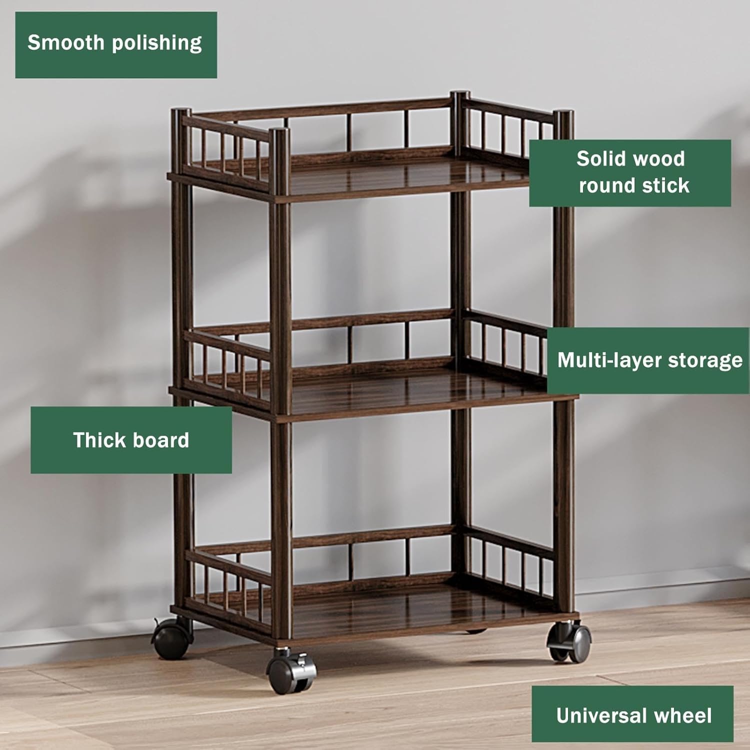 Carrello portaoggetti in bambù, a 3 ripiani, con ruote, organizer compatto per bagno, camera da letto, soggiorno e garage