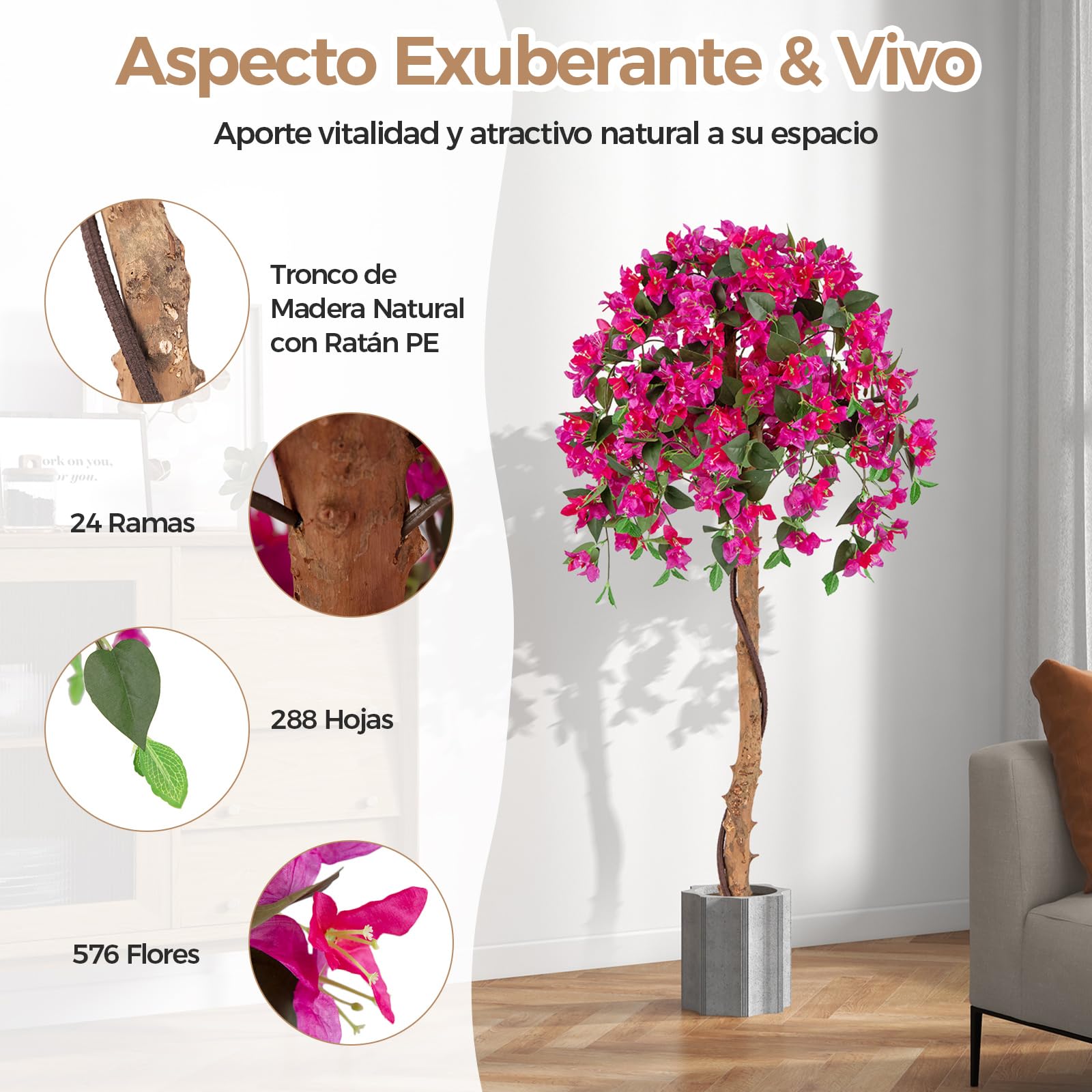 COSTWAY Árbol de Azalea Artificial de 135 cm, Planta Floral de Seda Falsa en Maceta con 576 Flores, 288 Hojas, Tronco de Madera, Césped Falso, Planta Decorativa Alta para Hogar, Oficina (2)