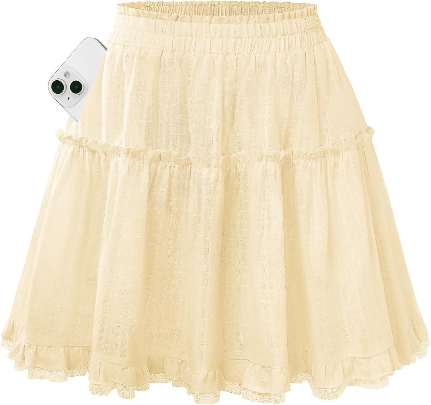 Kate Kasin Women Cotton Mini Skirts with Shorts Underneath, Ruffle Lace Skirt Flowy, Tiered Skorts with Pockets