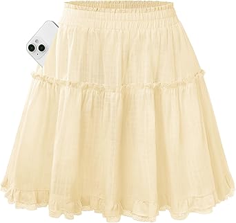 Kate Kasin Women Cotton Mini Skirts with Shorts Underneath, Ruffle Lace Skirt Flowy, Tiered Skorts with Pockets