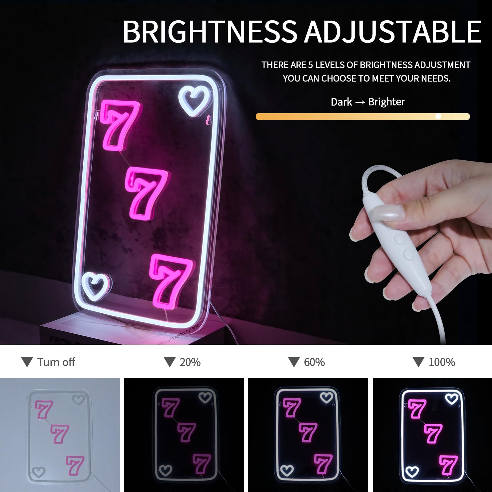 Lucky 777 neonowy znak do dekoracji ścian, przyciemniany, różowy, poker, LED, znaki świetlne do sypialni, szczęścia, siedmiu, neonowe światło do pokoju gier, salonu, dekoracja na imprezę,