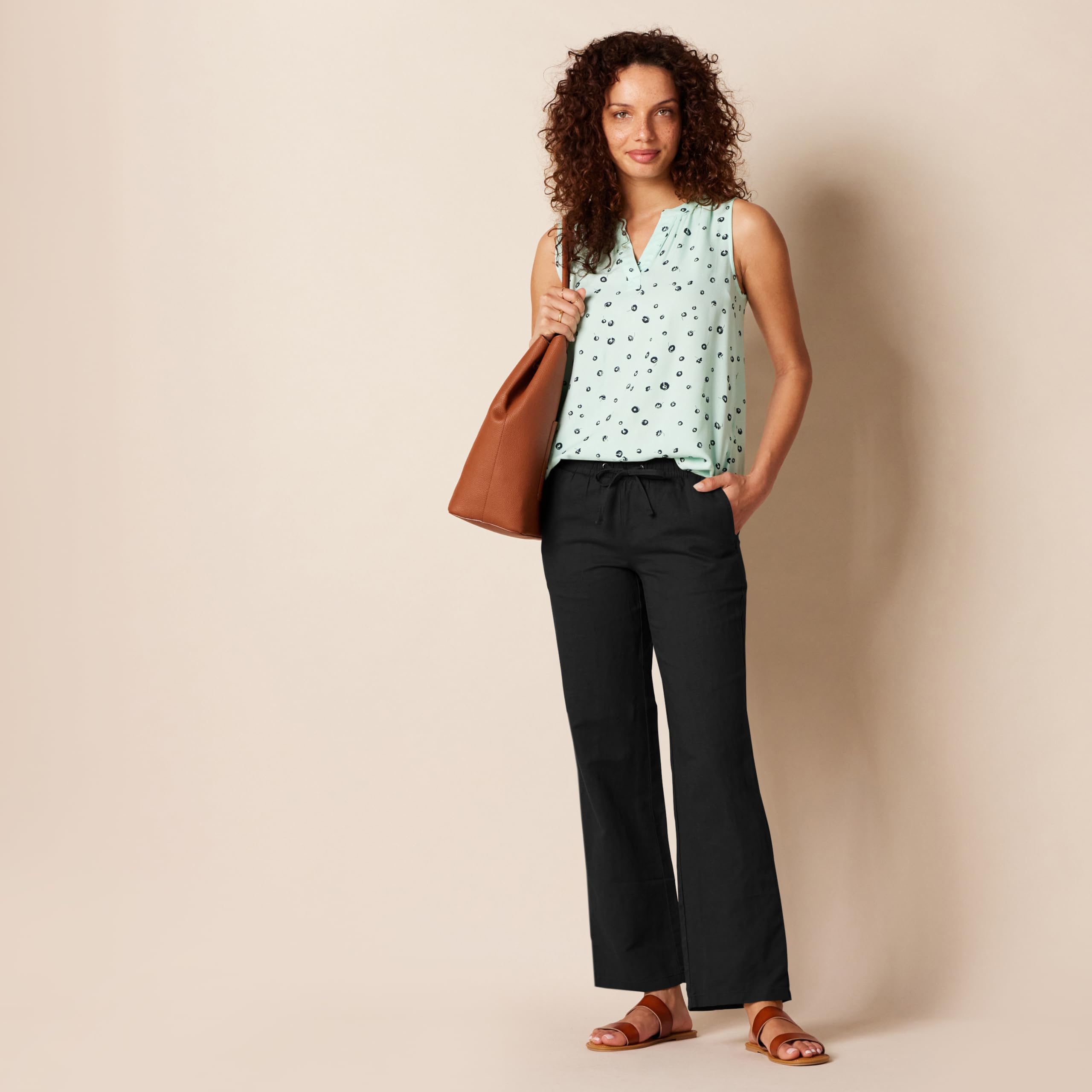 Amazon Essentials Pantalon à Jambes Larges en Lin Mélangé avec Cordon de Serrage, Coupe Décontractée (Disponible en Grande Taille) Femme