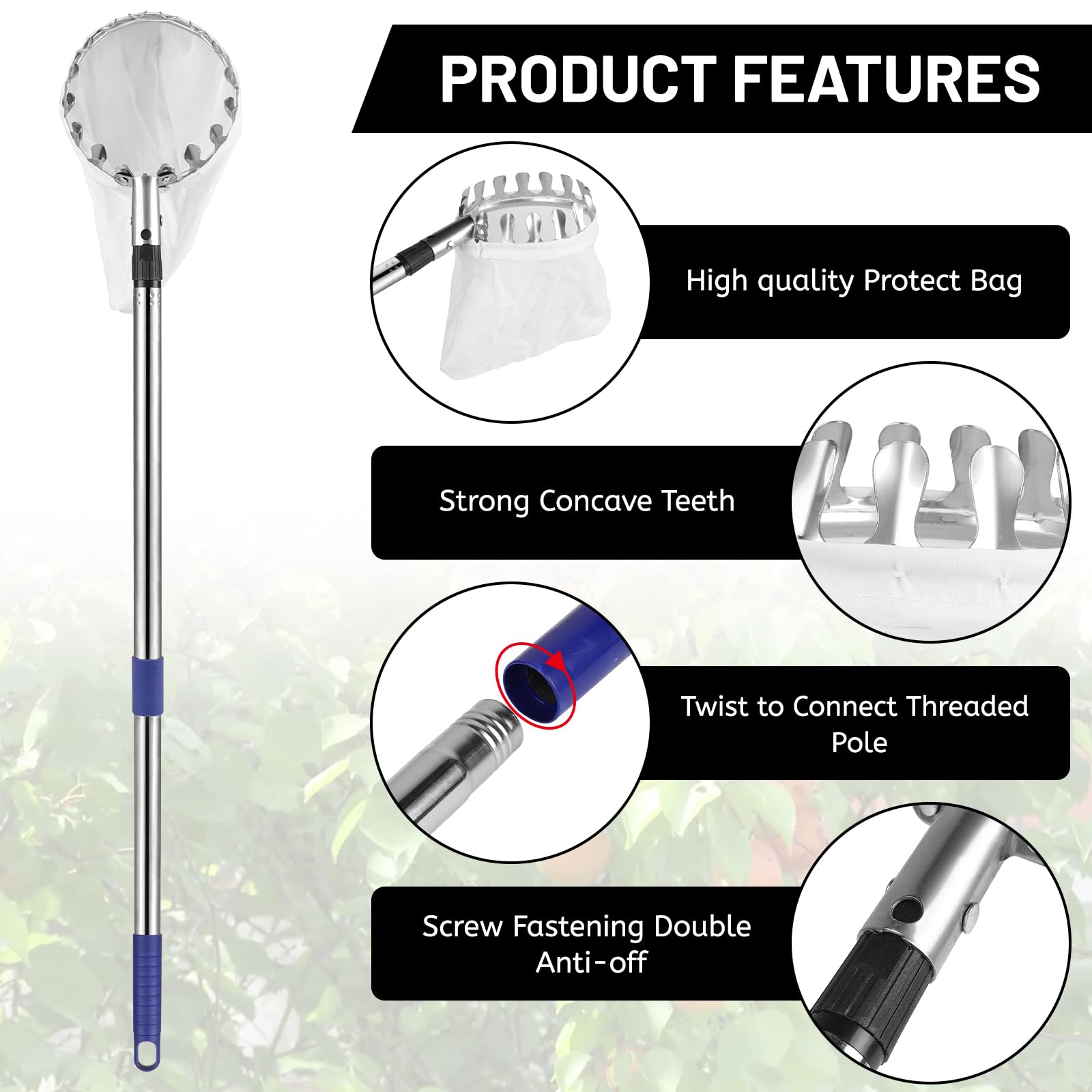 DBREAKS Raccogli Frutta, 4,2M Raccogli Mele con Manico Telescopico, Palo in Acciaio Inox Leggero Raccogli Frutta, Acciaio Inox Cestino con Sacchetto di Cotone, Diametro 16 cm