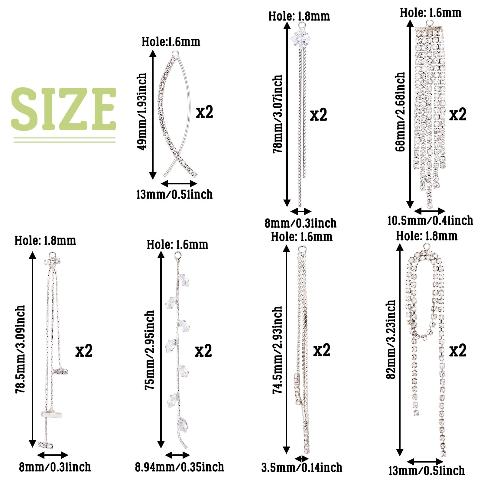 Bestewelry 14Pcs Tassel Earring Charms Shiny Rhinestone Long Chain Earring Charm Silver Tassel Drop Earrings Charms for Woman Jewelry Making DIY Crafts Wedding Bridesmaid - Image 3