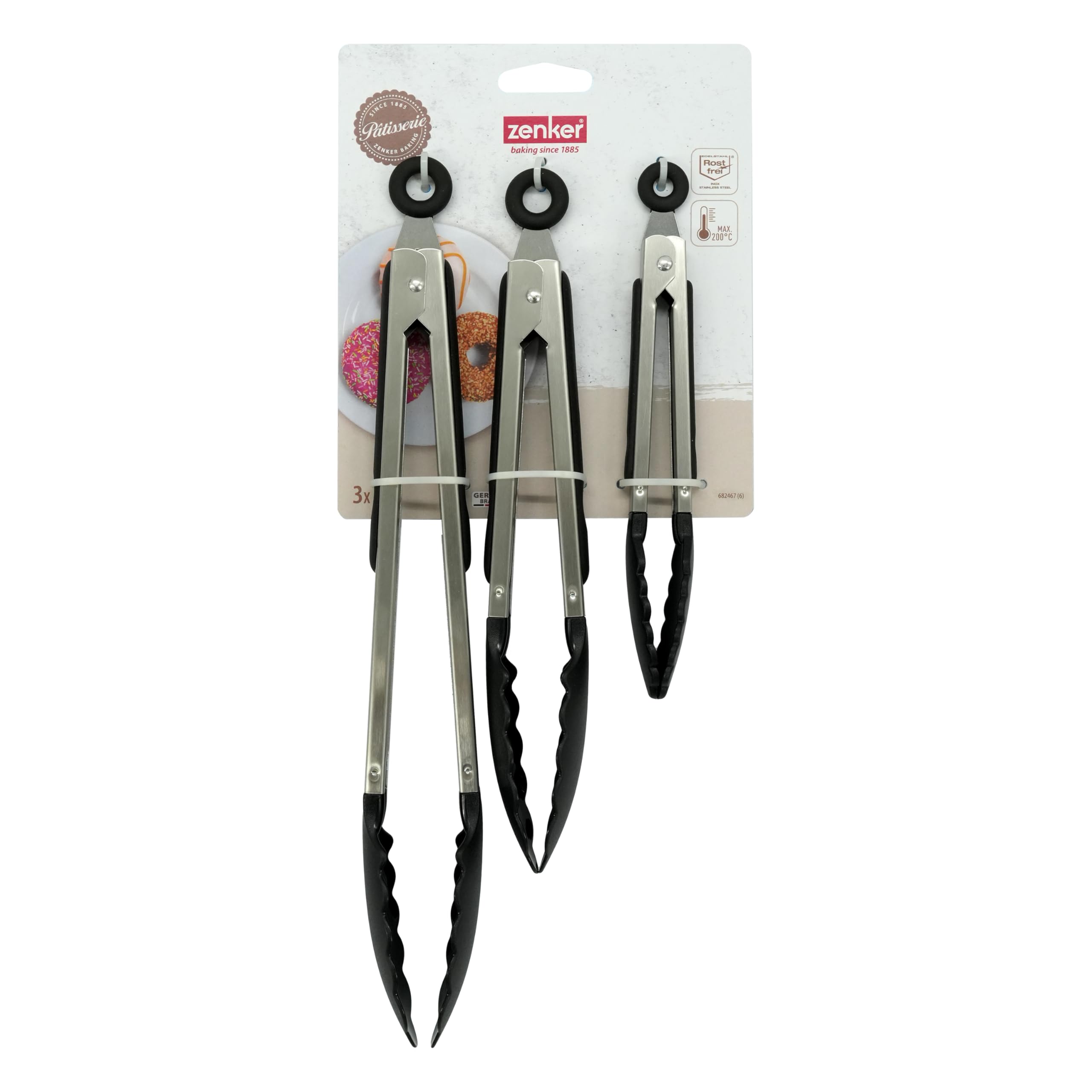 Zenker Kitchen Tongs, Pack of 3, Plastic Scalloped Function Head, Small Medium Large, Push Pull Locking - Image 2