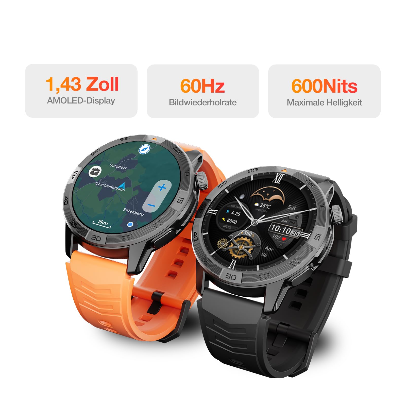 AGM Legion Pro Militär Smartwatch Herren, Robuste Fitnessuhr Wasserdicht 5ATM, 1,43" AMOLED Outdoor Sportuhr mit GPS, Offline-Karten für Routenaufzeichnung, MIL-STD-810H, Anrufe, 2 Armbänder