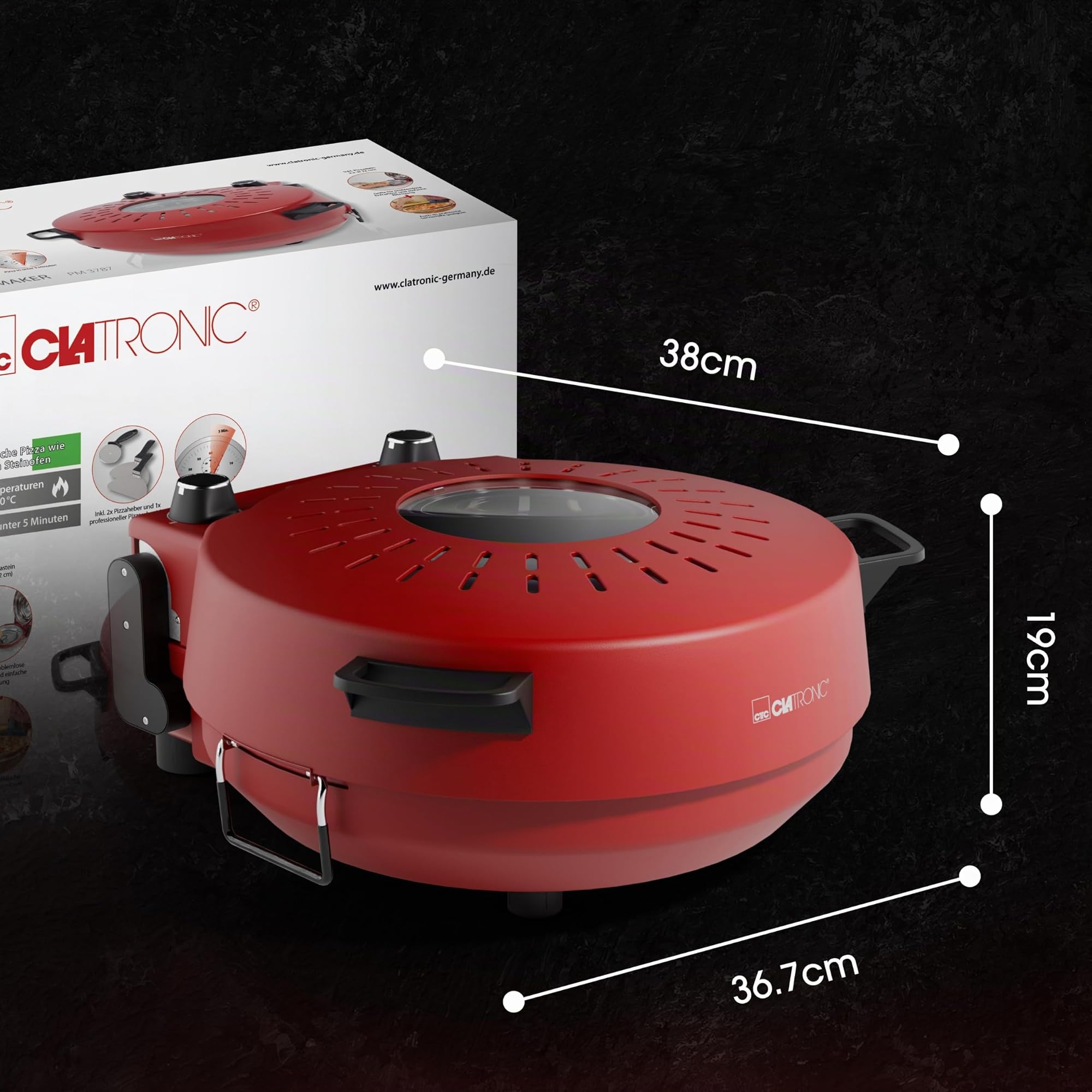 Clatronic® four à pizza | 350°C p. pizza italienne en pierre à la maison |électrique | aussi pour pizzas surgelées | pizza en moins de 5 min. | pierre à pizza Ø32cm et accessoires inclus | PM 3787