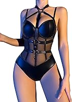 Lilosy Sexy Crisscross Choker Leather PU Underwire Babydoll Harness Teddy Bodysuit for Women