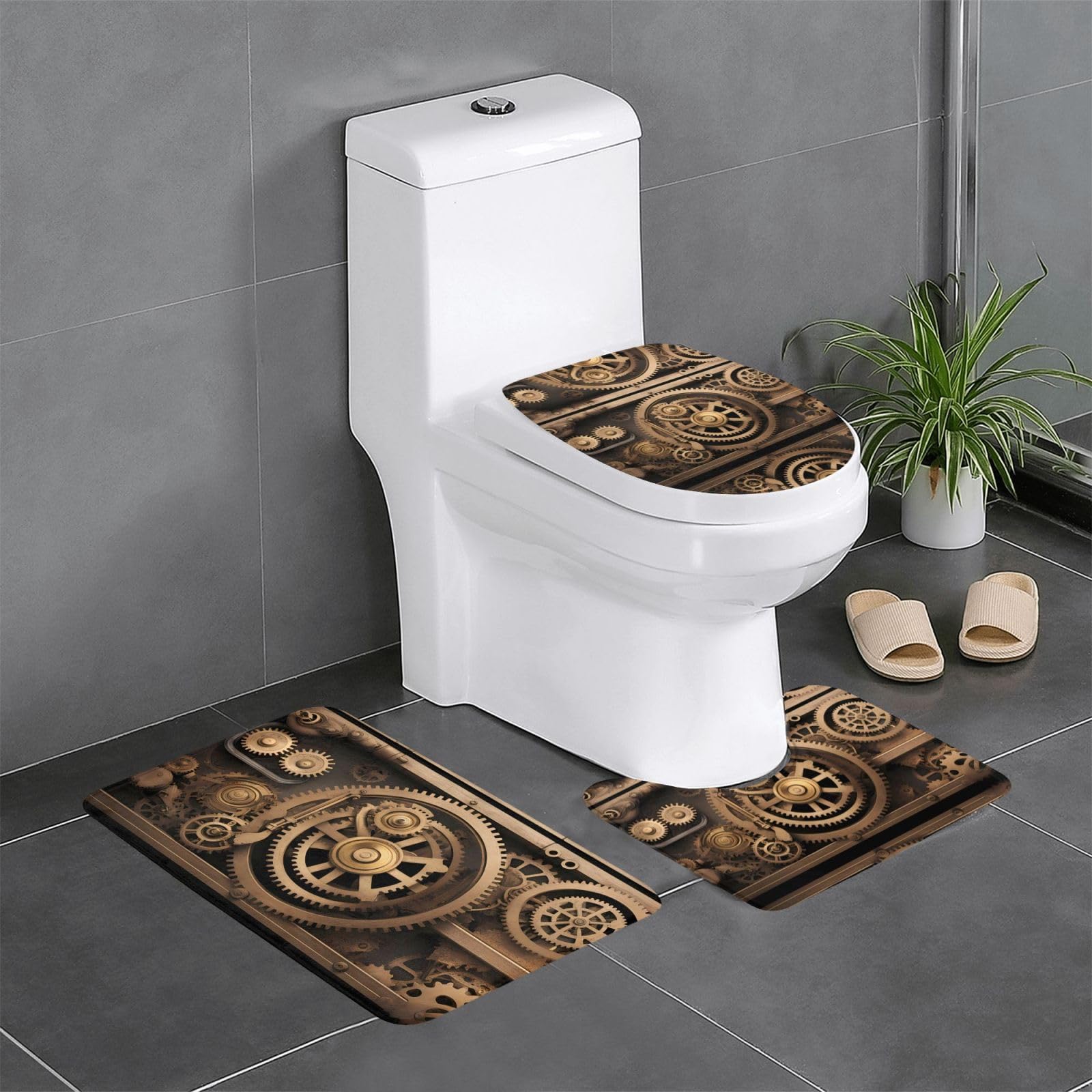Tapis de salle de bain antidérapant lot de 3 engrenage mécanique doré 61x40 cm