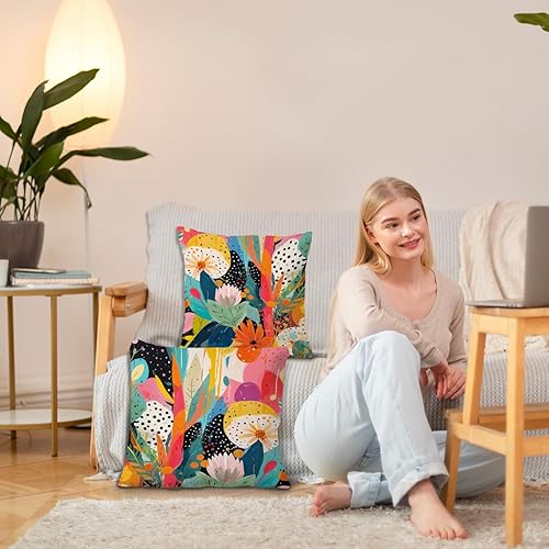 Miniatura 2 de JINYO Juego de 2 fundas de almohada abstractas bohemias florales de 18 x 18 pulgadas, fundas de almohada decorativas con plantas eclécticas