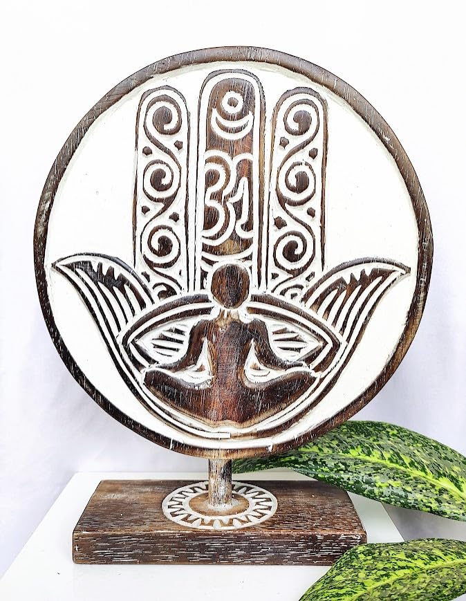 Tamara Artefacts: Home Decor. Table Accent. Large Carved and Hand Painted, Wooden Yoga Hamsa Sculpture.