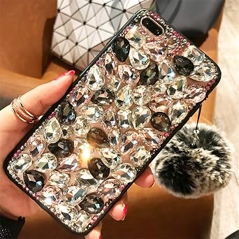 Case for Galaxy J7 Prime,3D Handmade Fluffy Ball Sparkle Stunning Stones Crystal Rhinestone Bling Diamond Glitter Case for Samsung Galaxy J7 Prime/On7 2016B Pink/Black