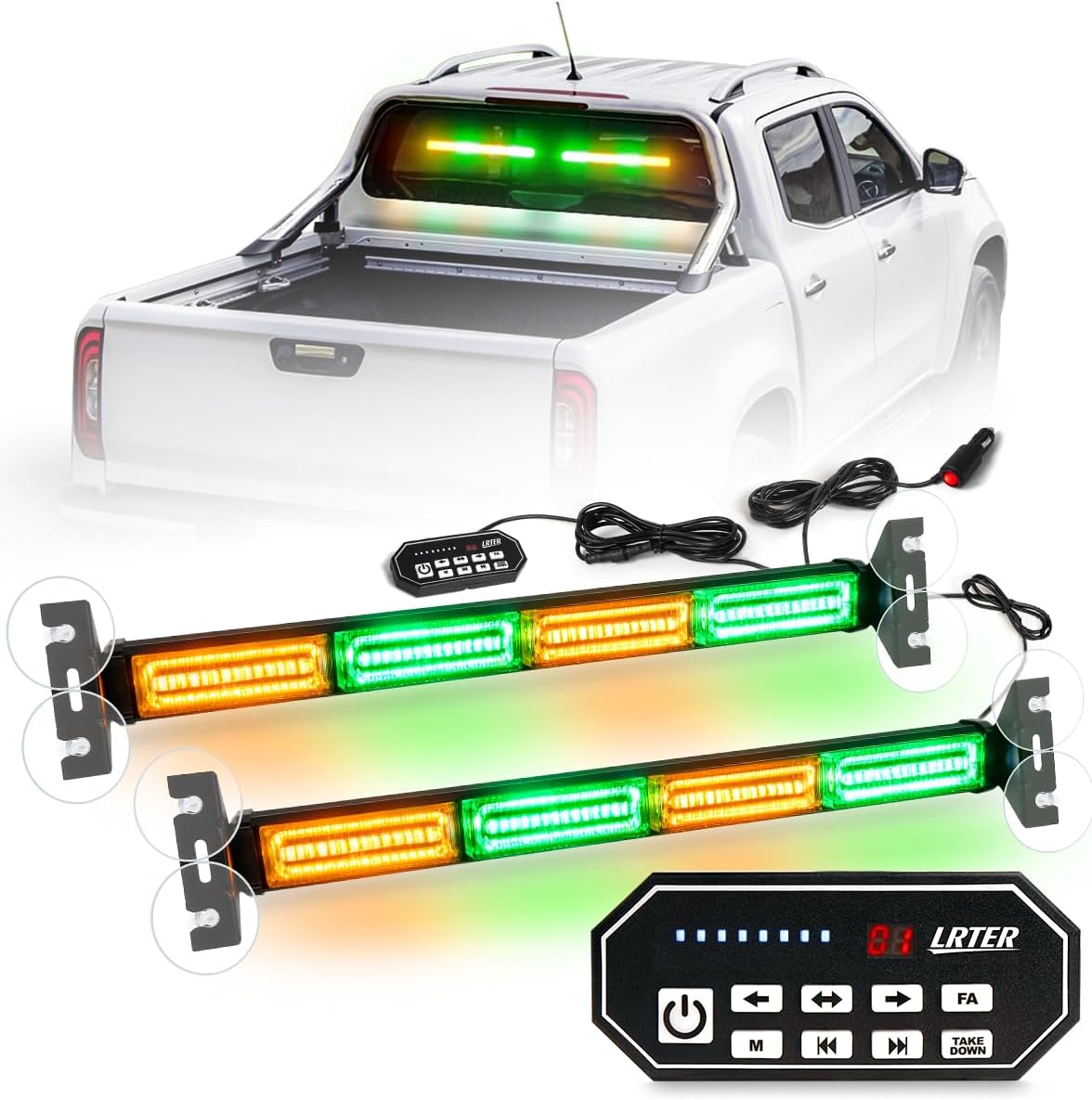 2x17.7 Traffic Advisor Light Bar w/Digital Display Controller Windshield LED Emergency Strobe Visor Safety Warning Hazard Flashing Lights for Firefighter Police Trucks Vehicles, Amber/White