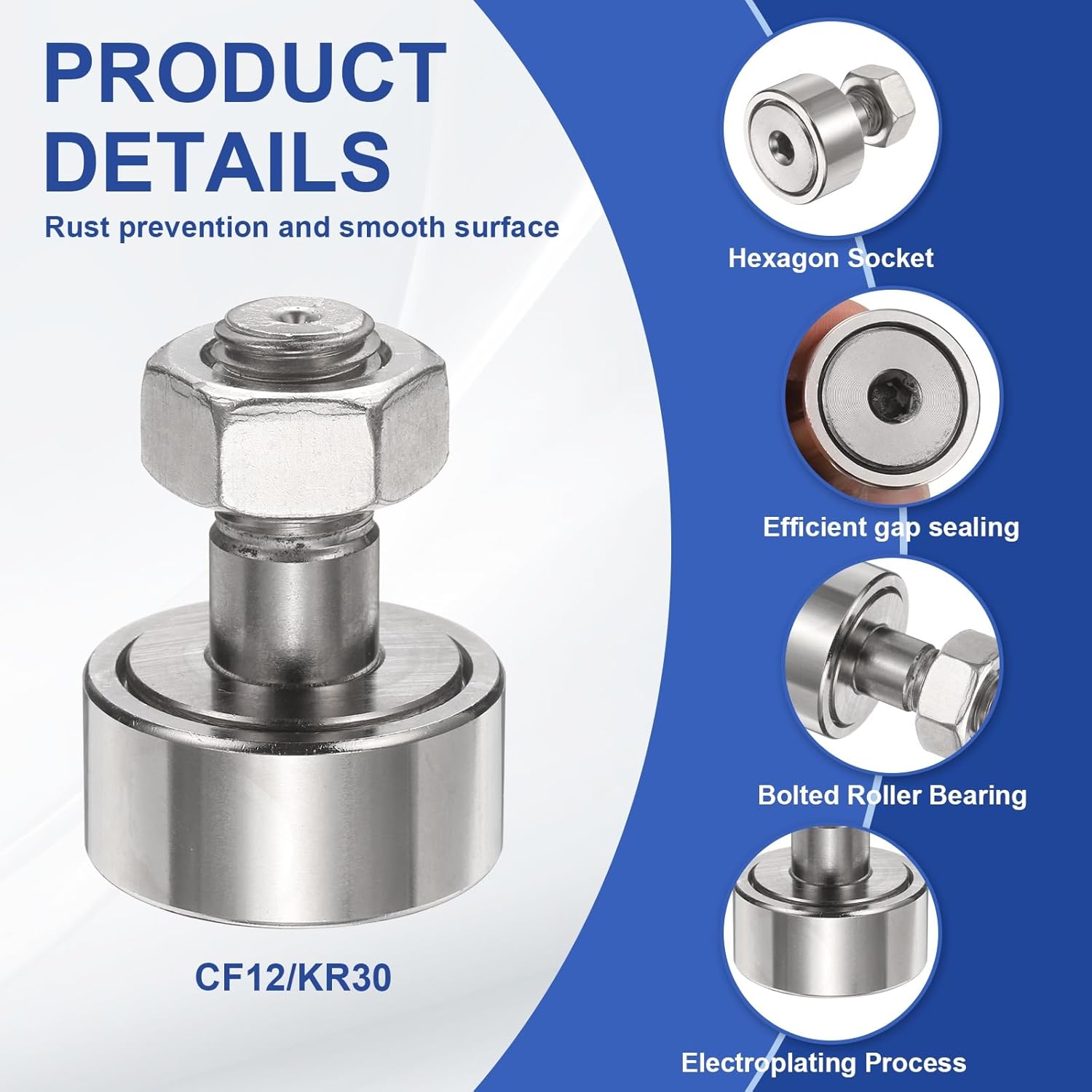 uxcell 8pcs CF12 Cam Follower KR30 Needle Roller Bearing, Chrome Steel Track Runner Bearings, 30mm Roller Diameter, M12x1.5mm Male Thread Stud Type for Machine Tool Guide Rail