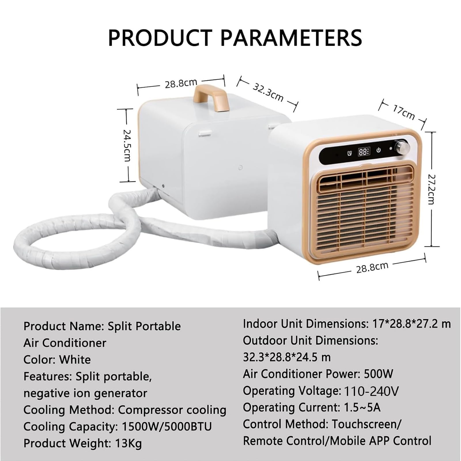 Condizionatore Split Portatile, Unità di Climatizzazione da 5000 BTU con Wi-Fi e Telecomando, Raffreddamento Silenzioso 40dB, Flusso d’Aria 130m³/h, Timer 12H per Camper, Caravan, Campeggio e 1m-Pipe