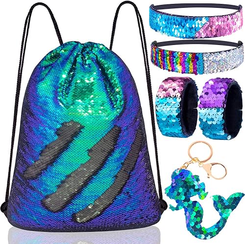 Mermaid Reversible Sequin Drawstring Backpack Christmas Gift Party Bag Headband Keychain Bracelet for Kids Girls Birthday