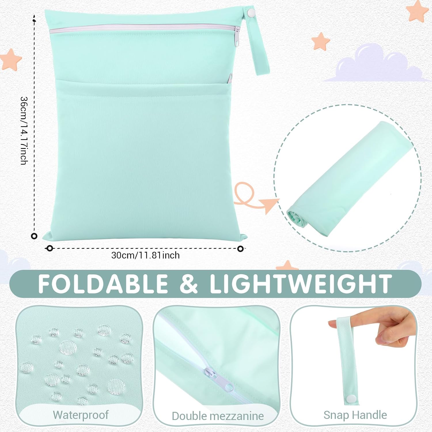 6 Pack Wet Dry Bags for Baby Cloth Diapers, 12" X 14", Mermaid Color