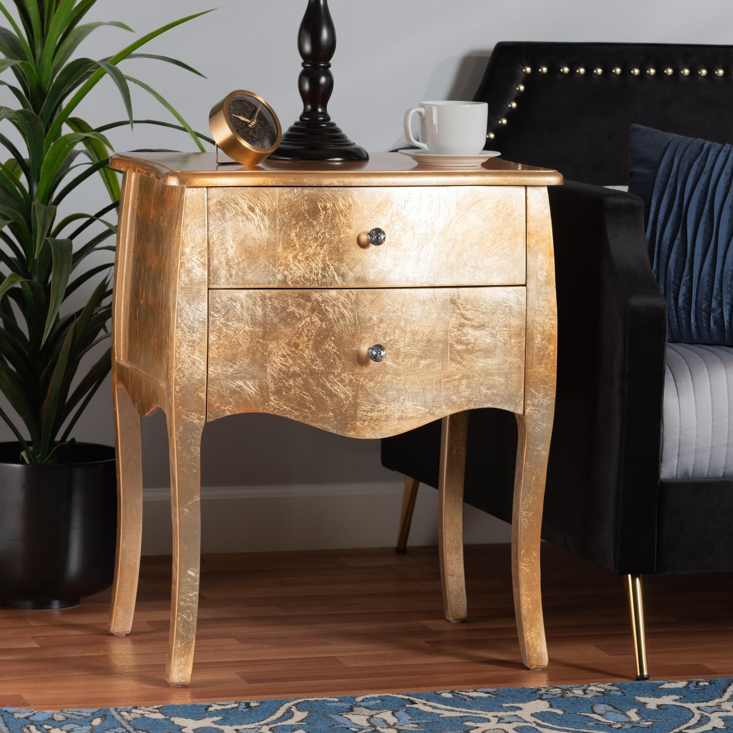 HomeStock Gold Nightstand 2 Drawer Wood Bedside Table Elegant Design Fully Assembled