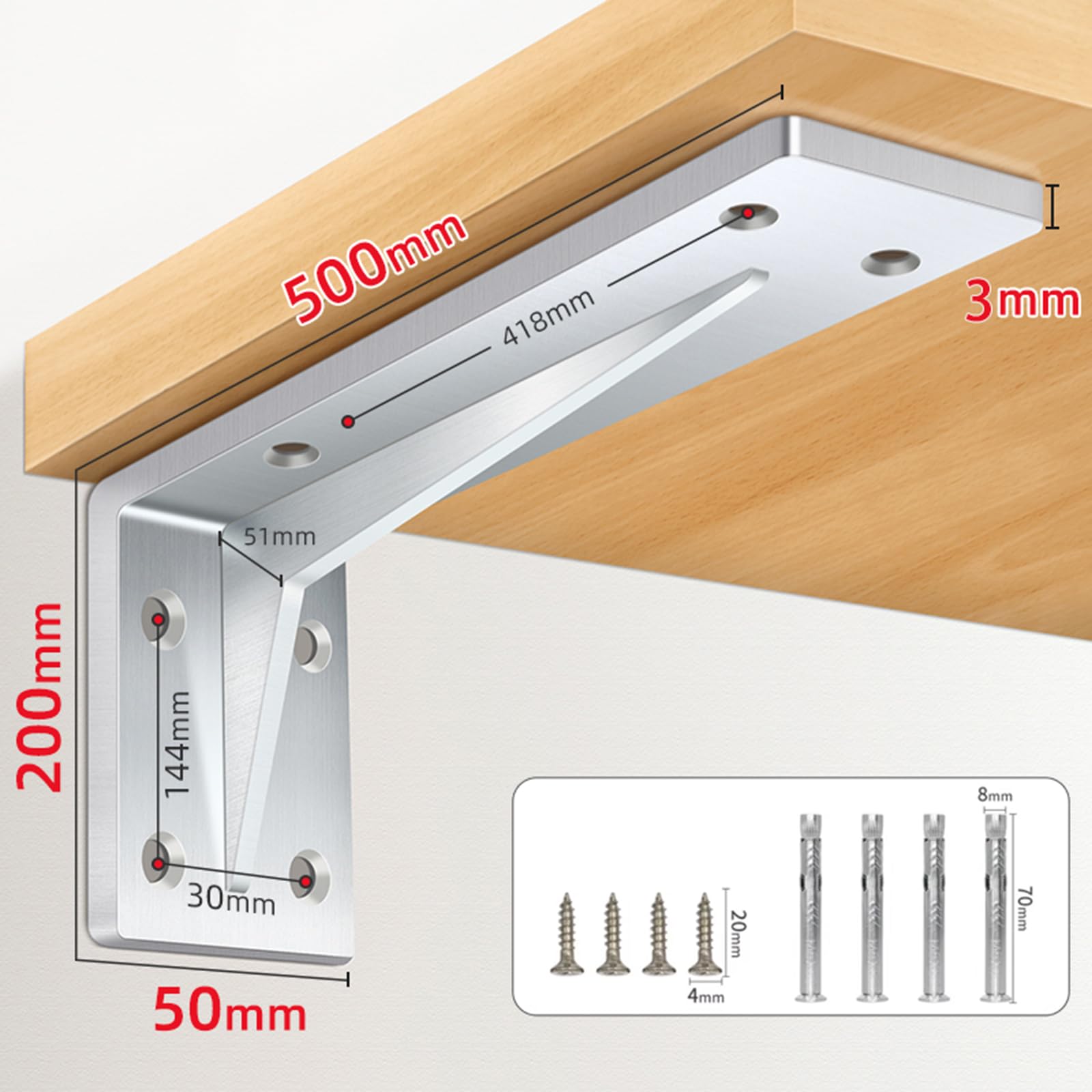 Confezione da 2 staffe per mensole da parete, ad angolo retto di 90°, per riporre e libreria, con viti incluse, finitura argento (500 mm x 200 mm)