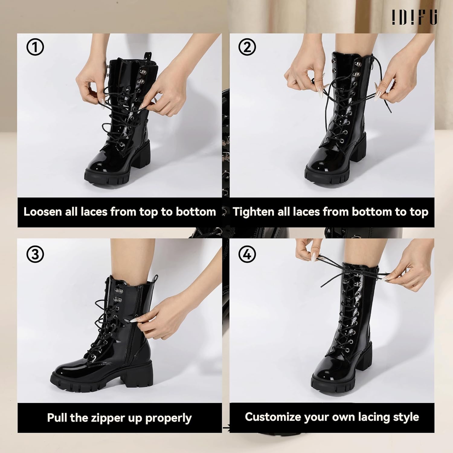 IDIFU IN3 Platform Combat Boots for Women Mid Calf Lace Up Boots Lug Sole Low Chunky Block Heel Boots Closed Round Toe Side Zipper Booties Fashion Thick Fall Heeled Boots-LOOSEN ALL LACES FIRSTLY - Image 4