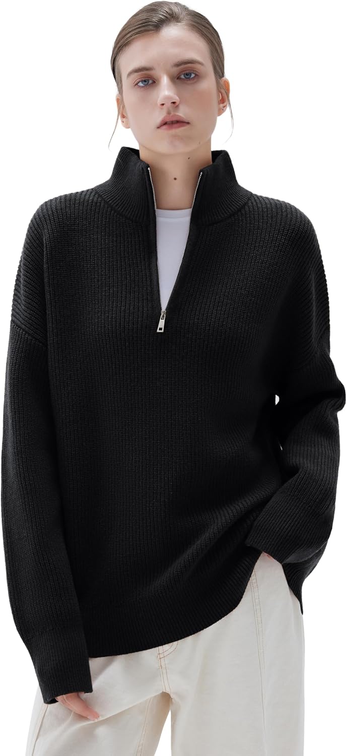 SUUKSESS Women Cashmere Blend Oversized Quarter Zip Pullover Sweater Long Sleeve Collared Ribbed Knit Jumper Tops - Image 2