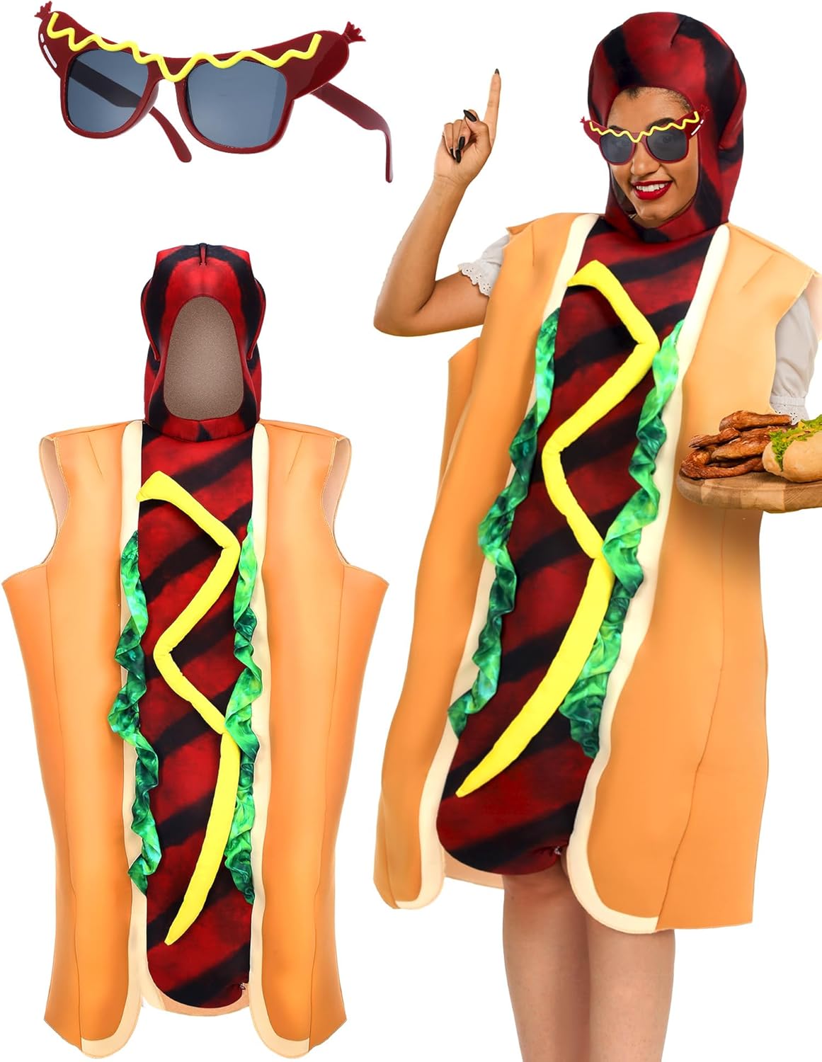 Fourluoo 2 Pcs Hot Dog Costume with Funny Makeup Glasses Set Unisex Adult Hotdog Costume Cosplay Dress