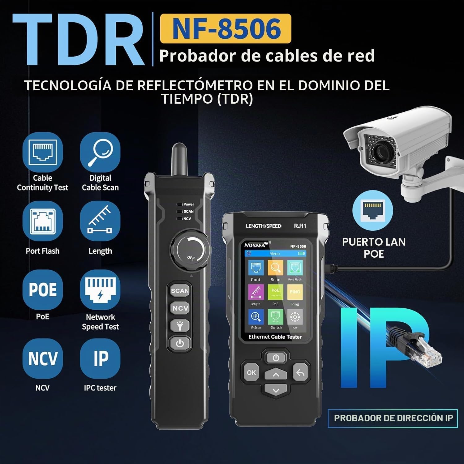 NOYAFA NF-8506 Probador de Cables de Red – Tester Ethernet con Prueba Ping, Escaneo IP y TDR, Test de Velocidad de Red, Parpadeo de Puertos, Localizador de Cables RJ45 RJ11, CAT5 CAT6