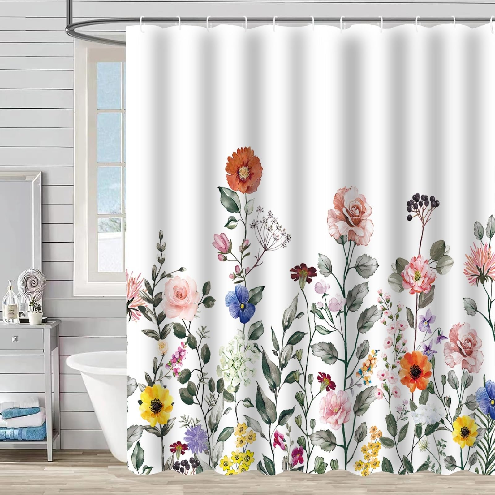 Shower Curtains Orange Retro Floral Wet Room Shower Curtain Mould Proof Resistant Waterproof Polyster Fabric Washable with 12 Hooks Garden Bathroom Curtains (180x180cm)