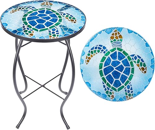 Miniatura 15 de VCUTEKA Mesa auxiliar de mosaico para patio, mesa de centro al aire libre, mesa de centro bistró, mesa auxiliar para plantas, mesa de porche