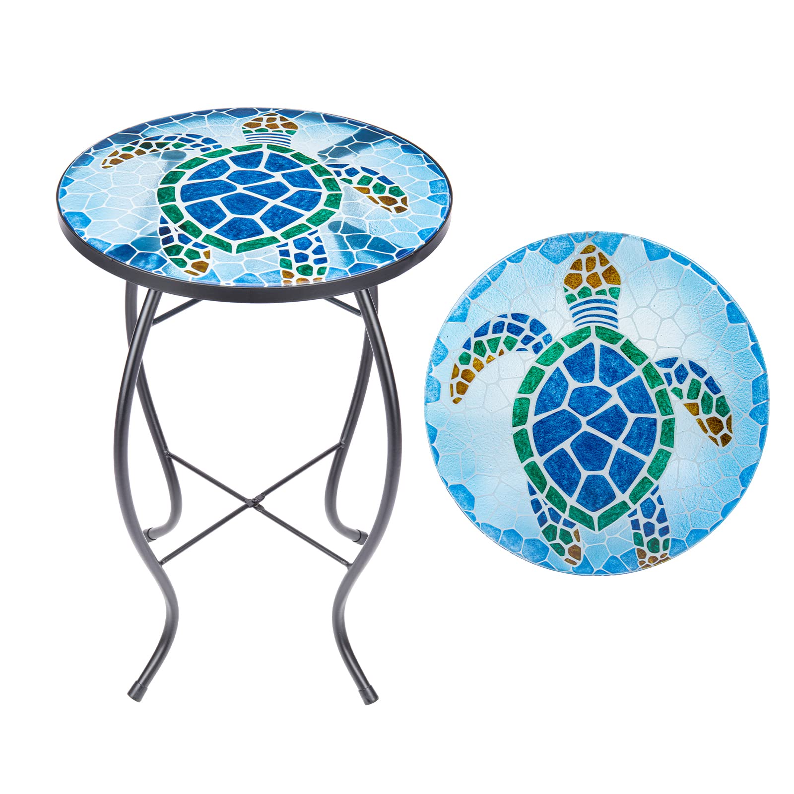 Photo 1 of VCUTEKA Patio Side Table Outdoor Accent Table Bistro Coffee Table Plant End Table Small Porch Table Indoor Round Glass Balcony Plant Table Stands Sea Turtle