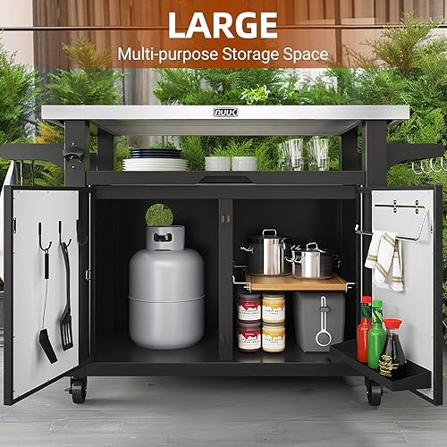 Miniatura 2 de NUUK Carrito de parrilla al aire libre con gabinete de almacenamiento, mesa de preparación de isla de cocina de metal con ruedas universales móviles
