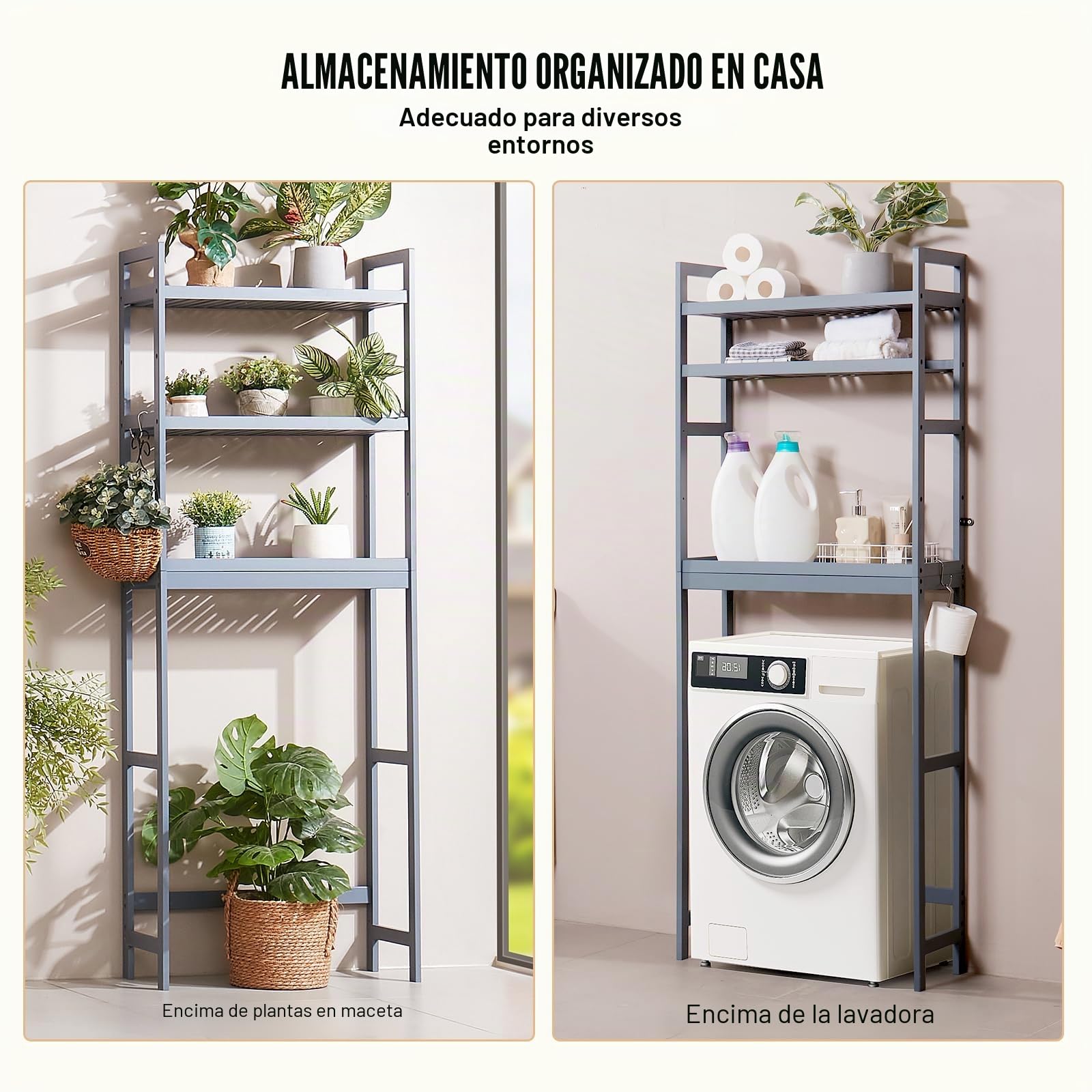 VEVOR Estante para Inodoro Ajustable de 3 Niveles Almacenamiento sobre Inodoro Estantería de Madera para Baño con 3 Ganchos Mueble de Baño Adecuado para la Mayoría de los Inodoros, Lavadero, Gris