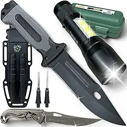 Faca Militar Tática com 27cm, Canivete Dragão Sortido, Lanterna LED Potente, Apito, Pederneira Estojo Resistente Kit Completo para Aventuras, Trilha e Acampamento