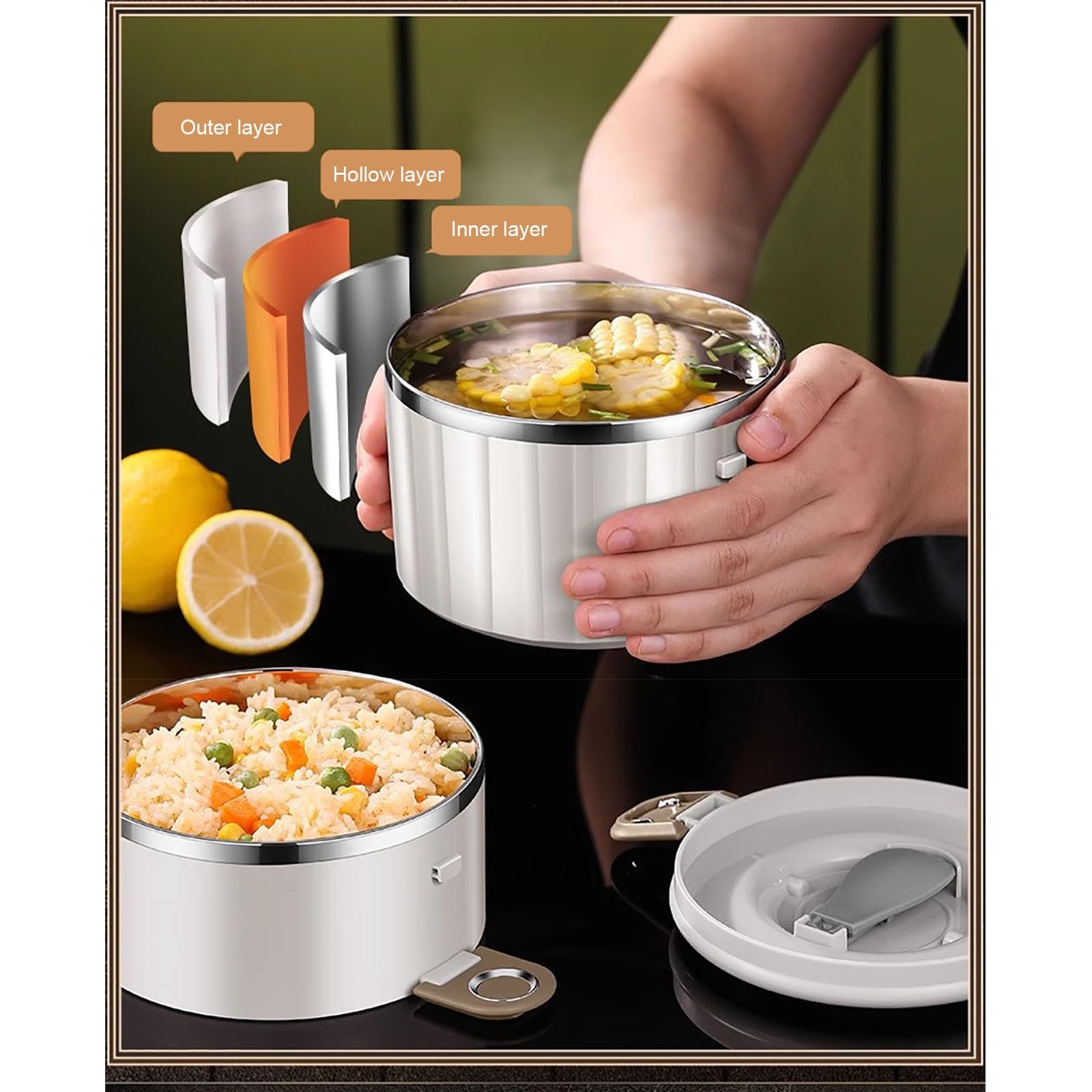 Porta Pranzo, Borse Termiche Porta Pranzo, Bento box in Acciaio inox con Divisori, Lunch box di Grande Capacità con Chiusura Ermetica, con Posate(White,Large)