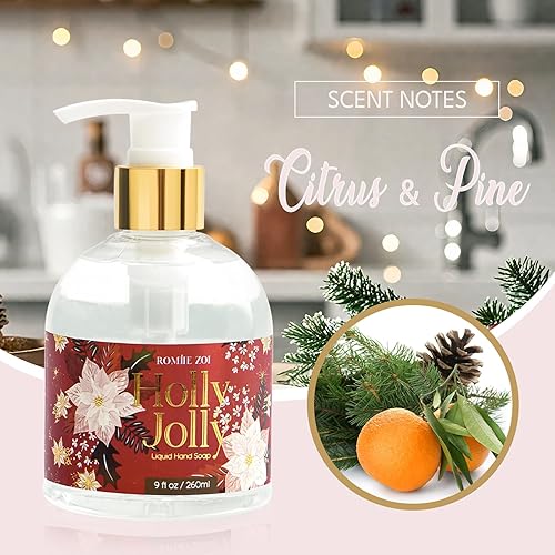 Miniatura 3 de ROMIIE ZOI Jabón líquido de manos navideño con caja de regalo, Acebo Jolly, infundido con aroma cítrico y pino, 8.8 fl oz 9 onzas líquidas